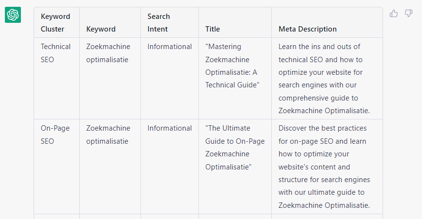 chatgpt information table example